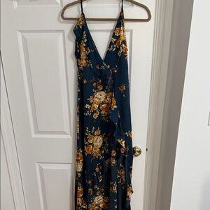 Vici Ruffle V-Neck Maxi Dress - Teal with Mustard Floral